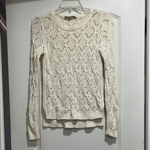 LOFT Cream Open-Knit Crewneck Sweater